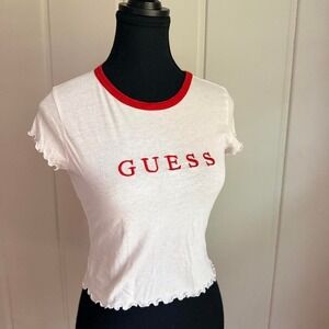 Guess embroidered baby tee white red ringer Y2K